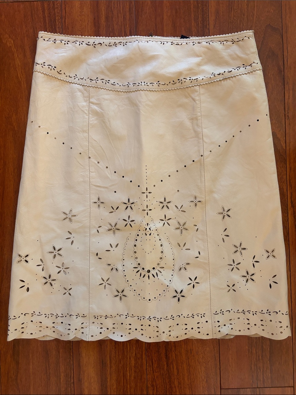 Cream Laser-Cut Genuine Leather Pencil Skirt
